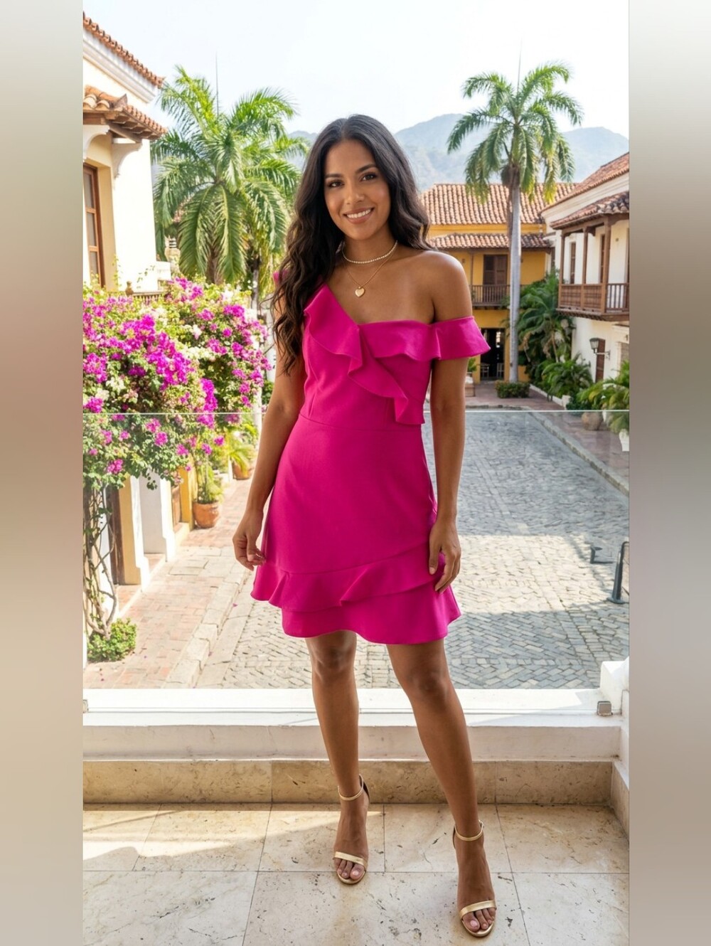 Express Hot Pink Scuba Knit Asymmetrical One Shoulder Ruffle Cocktail Dress - M